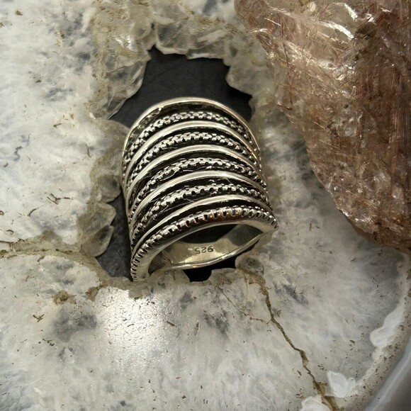 Sterling Silver Stripes Stacked Dome Modern Ring For Women, Taxco Mexico - Picture 6 of 10